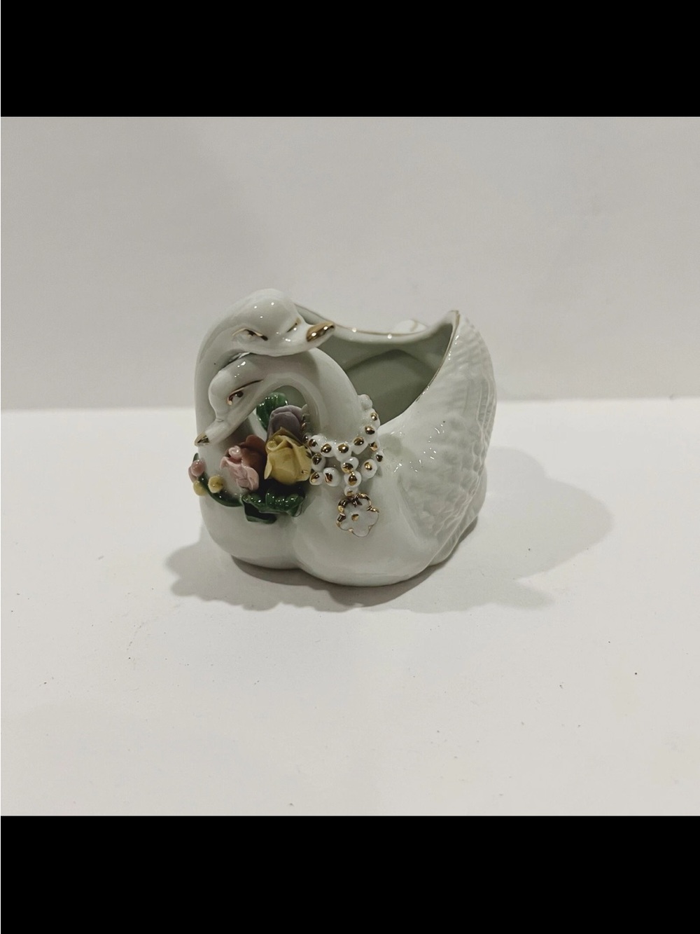VINTAGE 2 Lefton China Swan TRINKET BOWL / DISH WITH 3/D ROSES